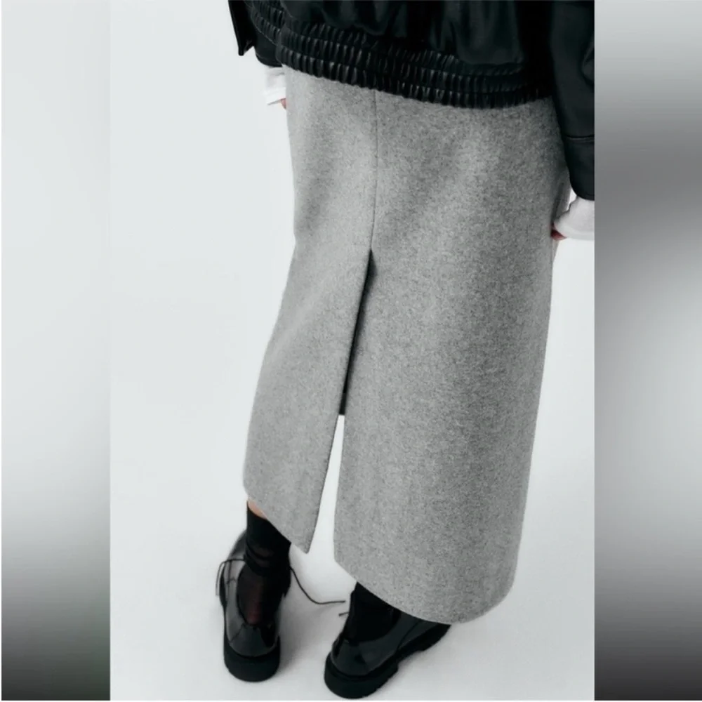 Zara, Mid-Gray, STRAIGHT FELT TEXTURE SKIRT, Large